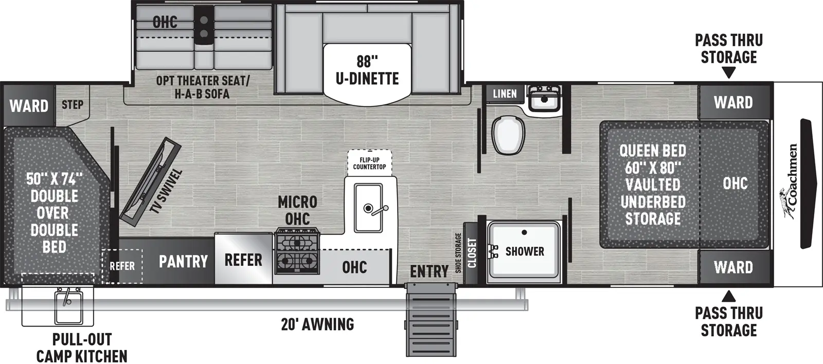 The 294BHDS has one slideout and one entry. Exterior features front pass-thru storage, 20 foot awning, and pull-out camp kitchen with sink and refrigerator. Interior layout front to back: foot-facing queen bed with vaulted underbed storage, overhead cabinet, and wardrobes on each side; pass-thru full bathroom with linen closet; off-door side slideout with u-dinette, and hide-a-bed sofa with overhead cabinet (optional theater seat); door side closet and shoe storage, entry, peninsula kitchen counter with sink and flip up countertop wraps to door side with overhead cabinet, microwave, cooktop, microwave, and TV swivel with hidden pantry; rear double over double bed with wardrobe and step.